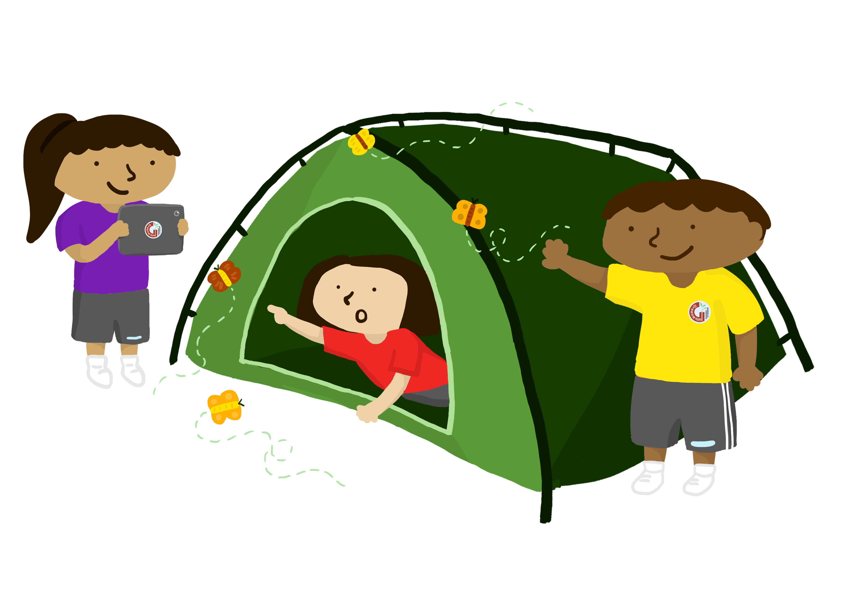 Three cartoon children near a green dome tent, with one inside, one holding a tablet, and butterflies flying around.